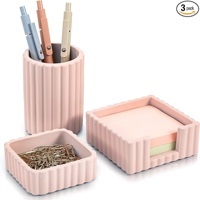 KIBAGA Modern Aesthetic Desk Accessories Set of 3 - Stylish Pink Concrete Organizers for Pens & O... | Amazon (US)