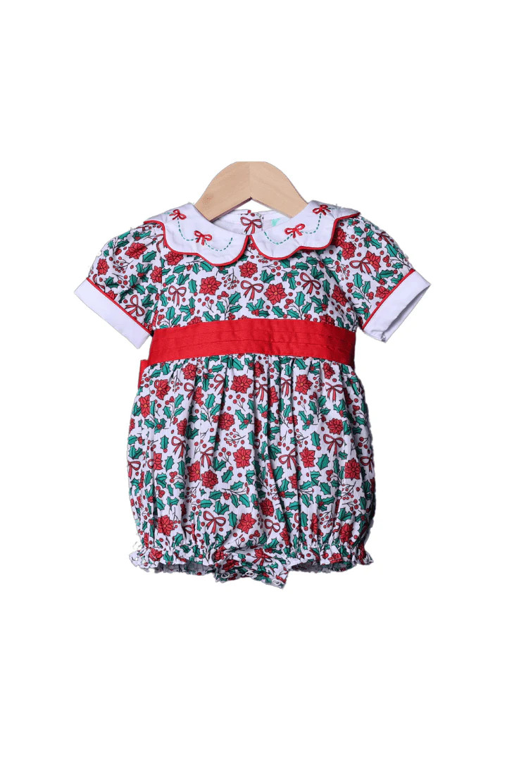 Embroidered Floral Holly Bow Bubble | The Smocked Flamingo