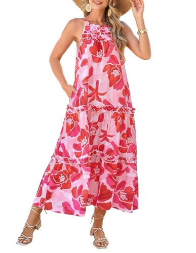 GRACE KARIN 2026 Women's Floral Halter Maxi Dress Boho Summer Beach Sundress with Tiered Ruffle Skirt Pink Bright Flower S | Amazon (US)