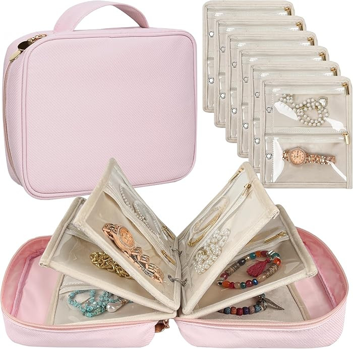 Travel Jewelry Organizer Case,Small Jewelry Bags for Traveling, Jewelry Binder with 24 Pcs Clear ... | Amazon (US)
