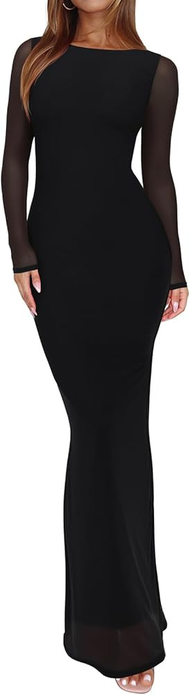 REORIA Women's Fall Mesh Sheer Long Sleeve Wedding Guest Dress Sexy Floral Bodycon Maxi Long Dres... | Amazon (US)