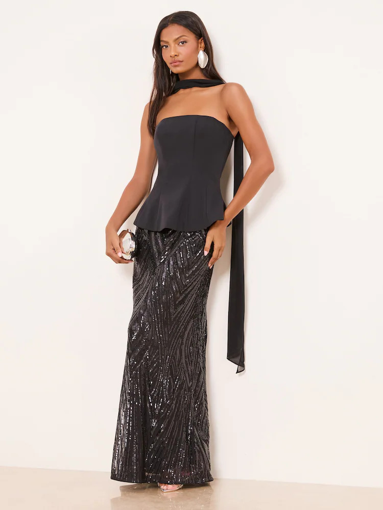 Lipsy Black Premium Bandeau Corset Sequin Combination Maxi Dress | Next EU