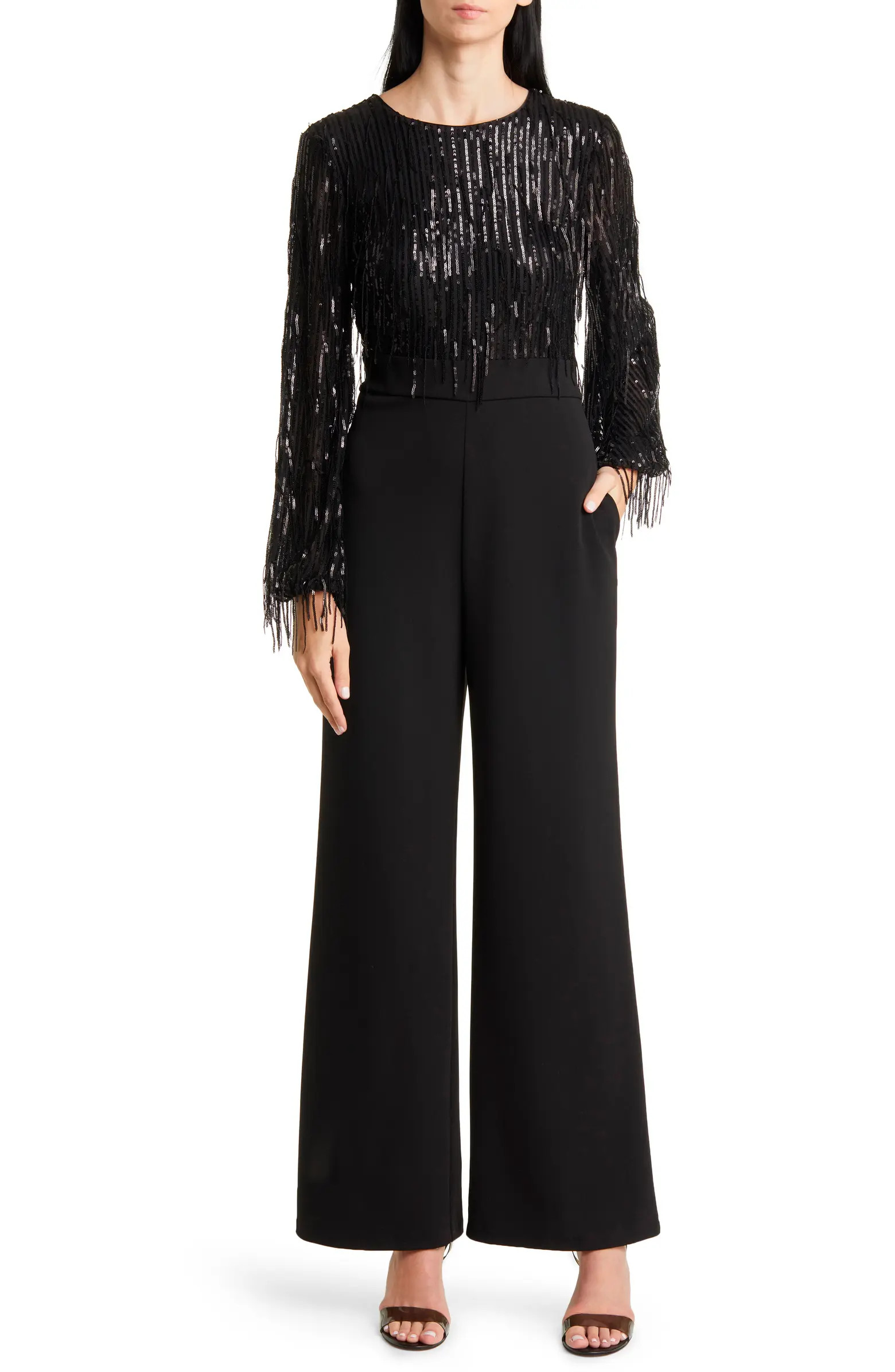 Sequin Fringe Long Sleeve Jumpsuit | Nordstrom