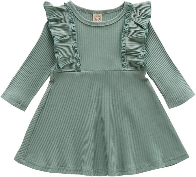 Toddler Baby Girl Ribbed Dress Ruffle Solid Round Neck Long Sleeve Cotton Sundress Kids Casual Sp... | Amazon (US)