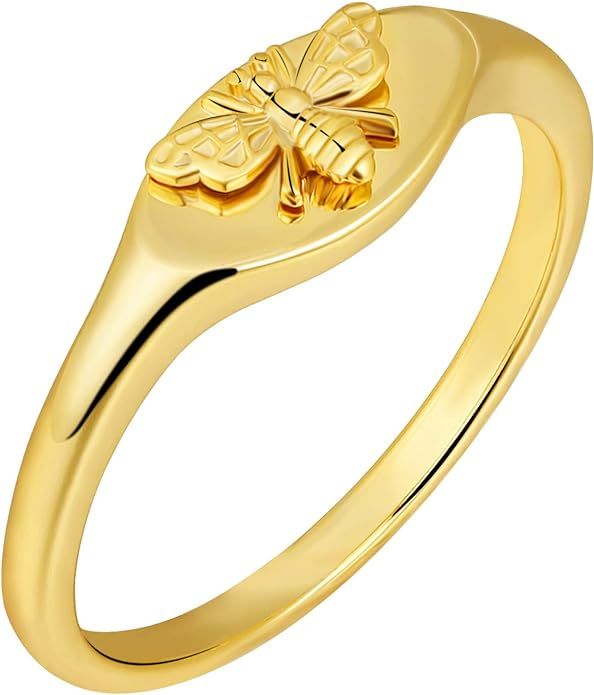 micuco 14K Gold Signet Rings for Women Bee Handmade Rings Dainty Flower Engraved Silver Statement... | Amazon (US)