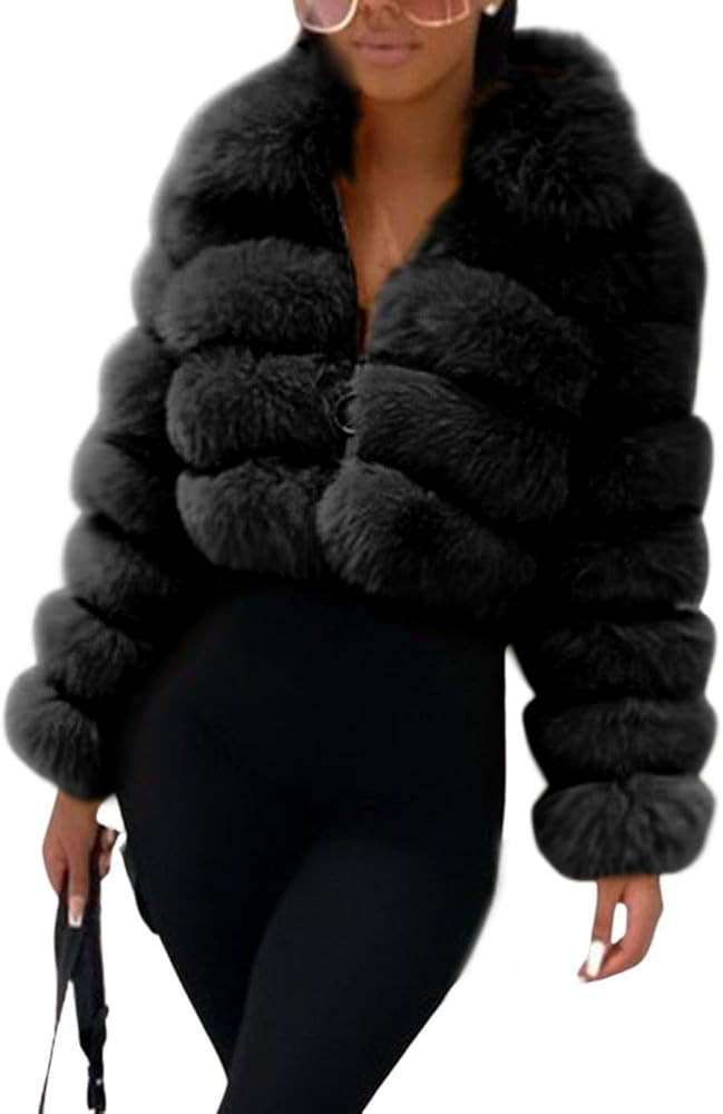 loveimgs Women Fluffy Faux Fur Coat Cropped Jacket Puffer Jacket Zip Up Winter Warm Fuzzy Teddy J... | Amazon (US)