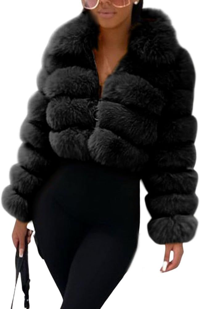 loveimgs Women Fluffy Faux Fur Coat Cropped Jacket Puffer Jacket Zip Up Winter Warm Fuzzy Teddy J... | Amazon (US)