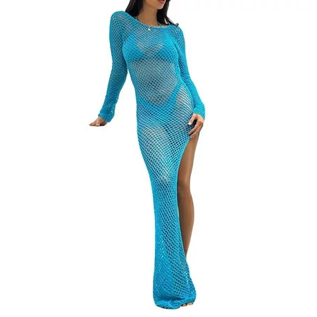 Mubineo Women Bikini Cover Ups Summer Cutout See-through Bandage Backless Long Sleeve Slit Dress for Beach Bathing Suit | Walmart (US)