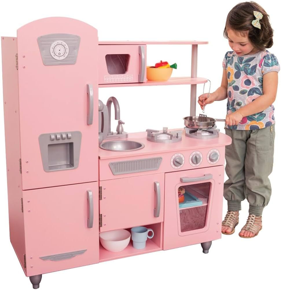 KidKraft Vintage Wooden Play Kitchen with Pretend Ice Maker and Play Phone, Pink | Amazon (US)