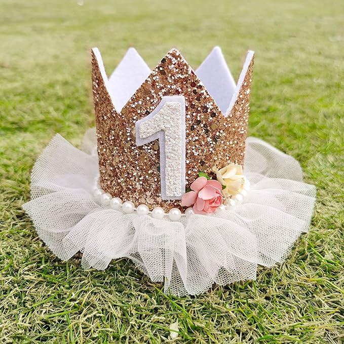 Crown for Girls' First Birthday, Rose Gold 1st Birthday Hat, Flower Tutu Crown, Cake Smash Props,... | Amazon (US)