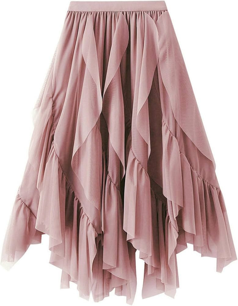 Ruffled Gauze Skirt Women's Spring high-Waisted mesh Skirt for Small People, Long Skirt-Pink-one ... | Amazon (US)