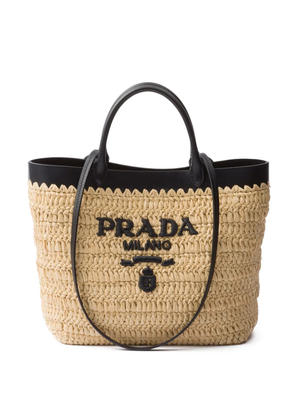 Prada Small leather-trimmed Woven Tote Bag | Neutrals | FARFETCH UK | Farfetch Global
