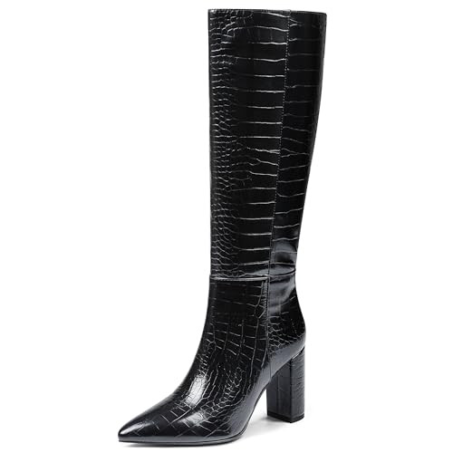 AOSPHIRAYLIAN Knee High Boots Women Tall Boots for Women Calf High Knee Boots Pointed Toe Chunky Heel Long Boots Ladies Boots Snake Faux Crocodile Dress Boots Side Zipper,Black Size 9.5 | Amazon (US)