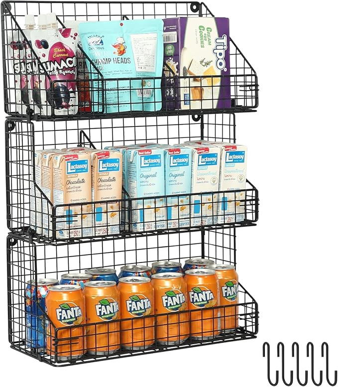 3 Tier Stackable Snack Organizers with 3 Divinder 5 Hooks Metal Wire Basket Snack Rack Holder Cou... | Amazon (US)