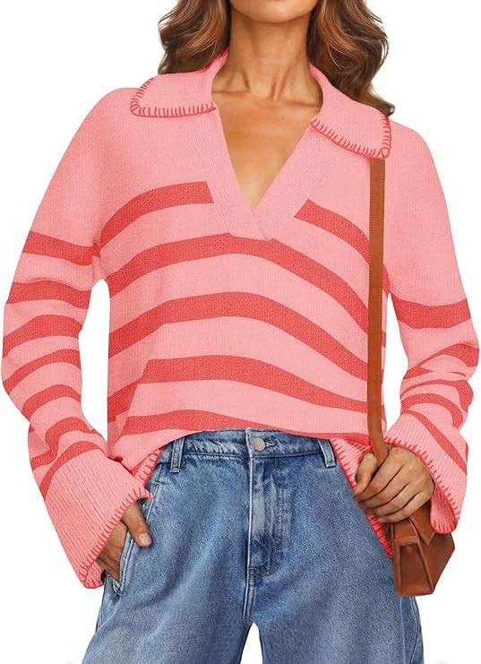 MEROKEETY Women's 2024 Fall Oversized Striped Sweater Collared V Neck Long Sleeve Trendy Knit Pul... | Amazon (US)