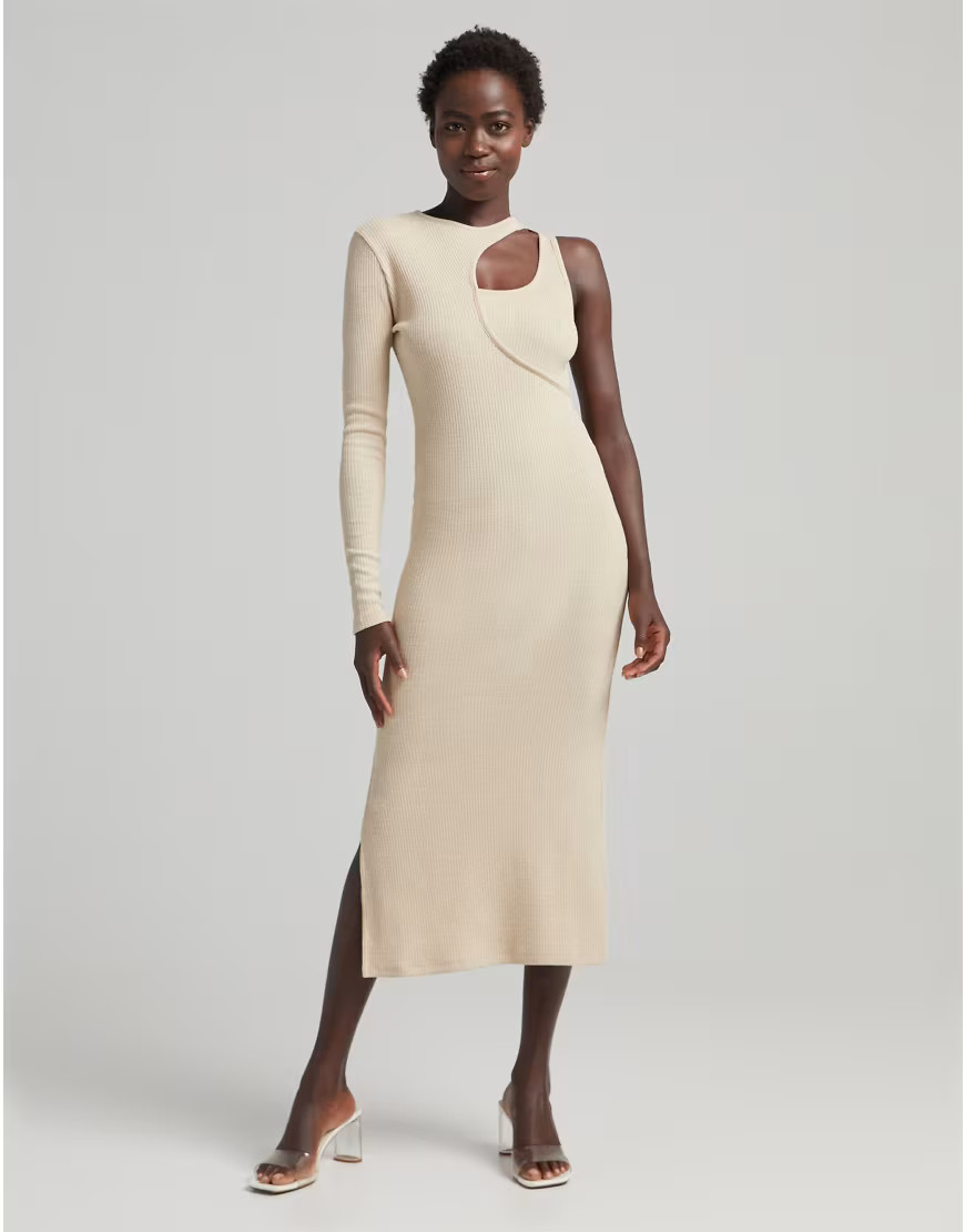 Bershka asymetric ribbed midi dress in cream-White | ASOS (Global)