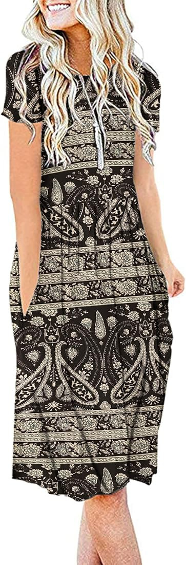 AUSELILY Women's Short Sleeve Pockets Empire Waist Loose Swing Casual Flare Print Floral Pleated ... | Amazon (US)