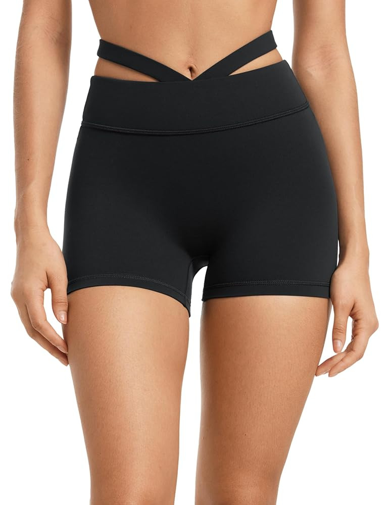 Womens Biker Shorts 4 Inches High Waisted No Front Seam Hollow Belt Running Workout Yoga Shorts | Amazon (US)