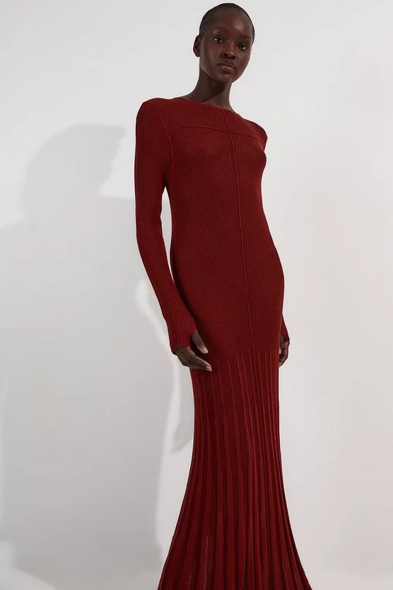 Drapey Sheer Rib Knitted Midi Dress | Karen Millen US