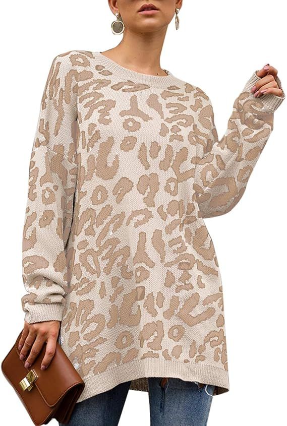 Rainlin Women's Casual Leopard Print Crewneck Knit Pullover Sweater Loose Long Sleeve Tunic Tops | Amazon (US)