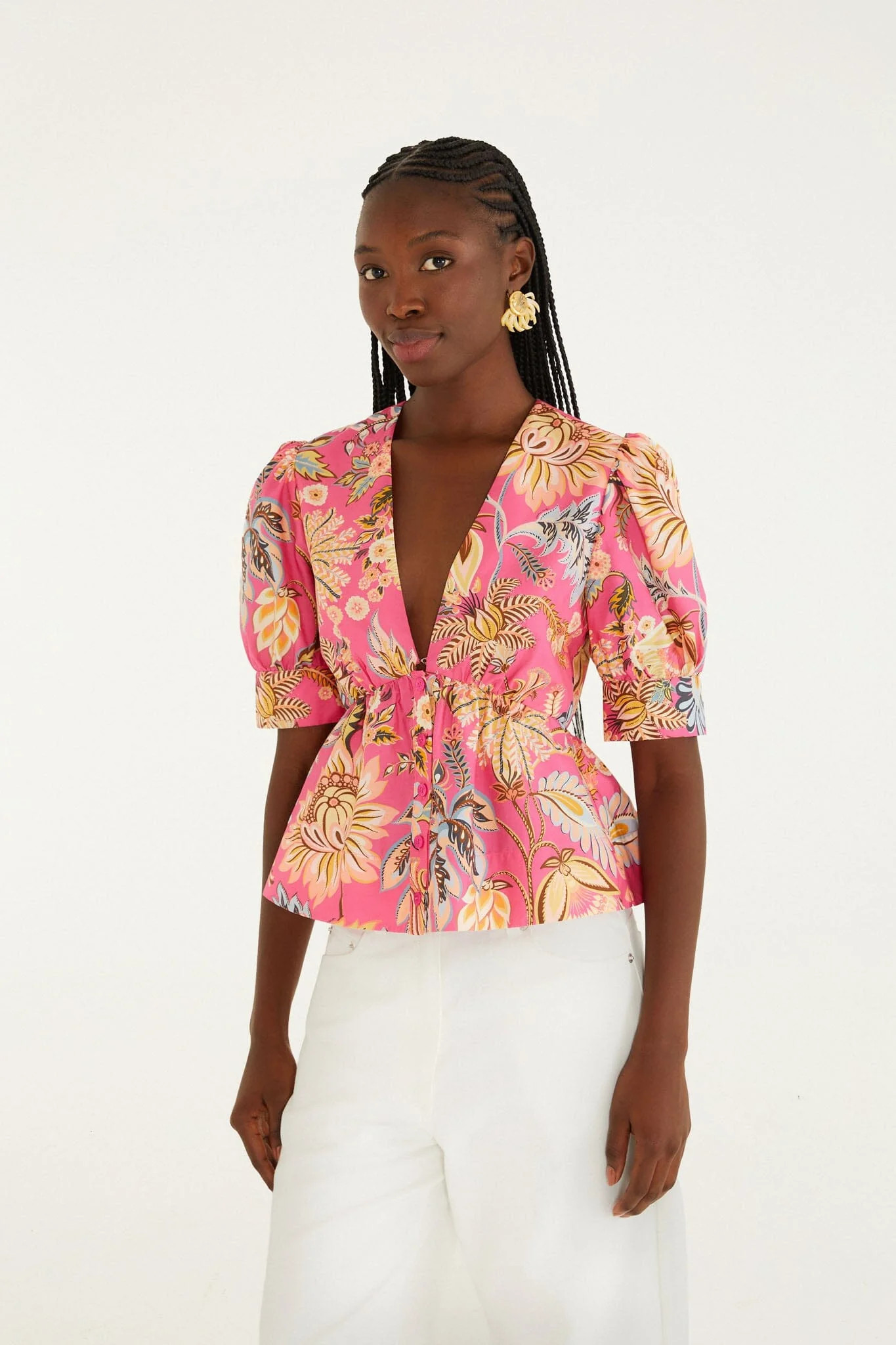 Pink Ligia Floral Puff Sleeve Organic Cotton Blouse | FARM Rio | FarmRio (US)