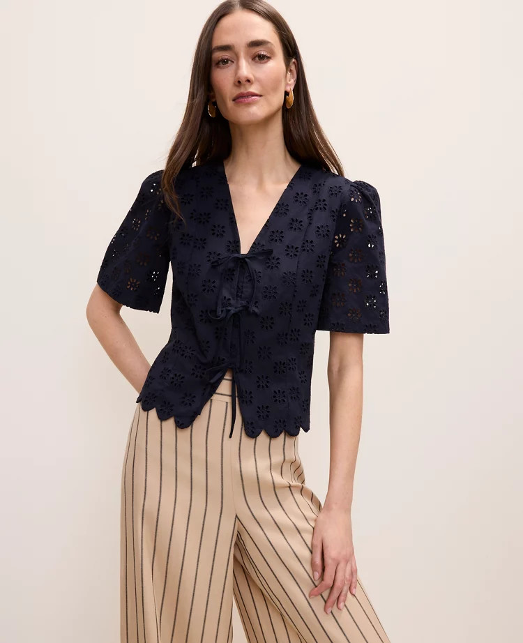 Eyelet Tie Front Blouse | Ann Taylor