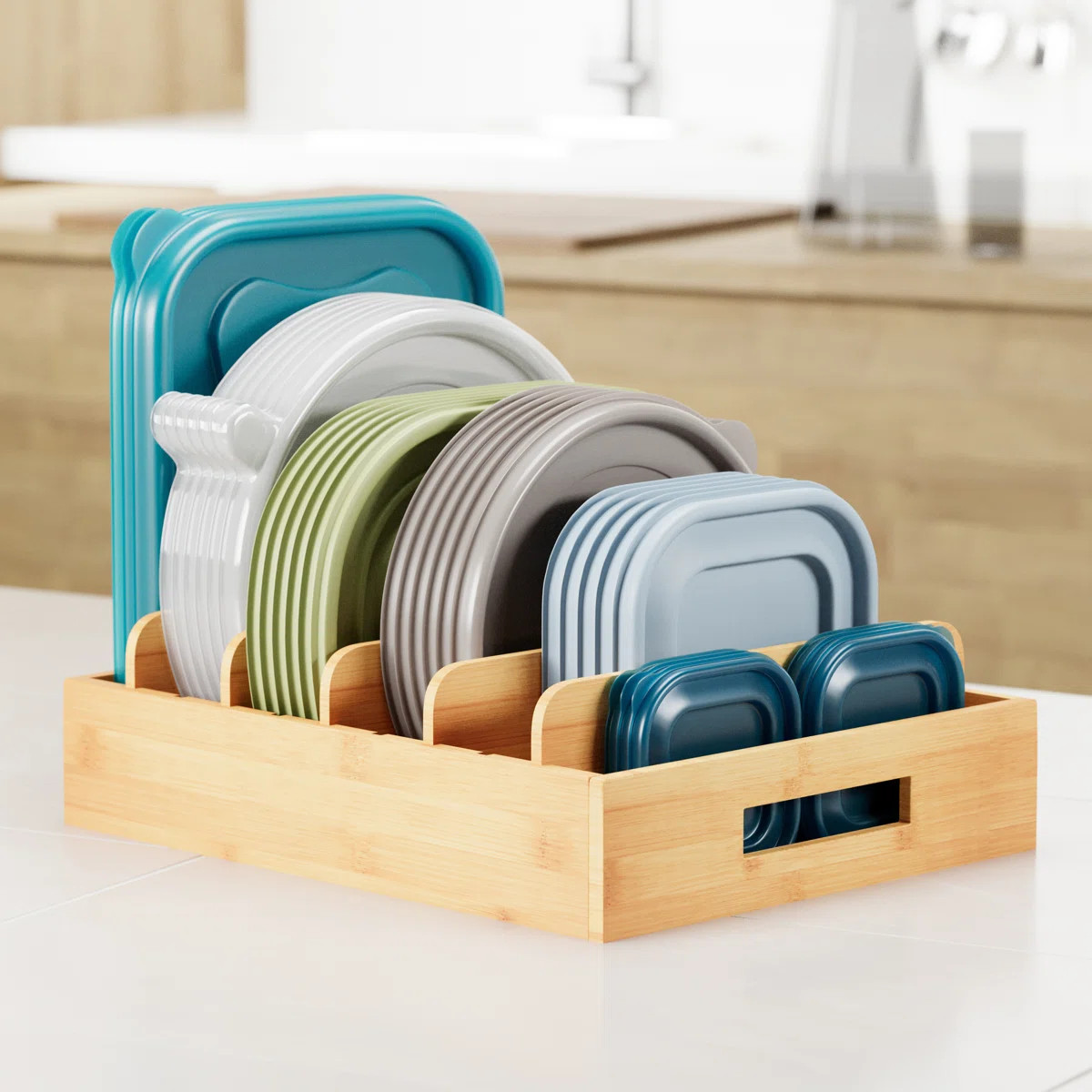 Bamboo Lid Organizer with 5 Adjustable Dividers, Food Storage Container Lid Holder for Kitchen Ca... | Wayfair North America
