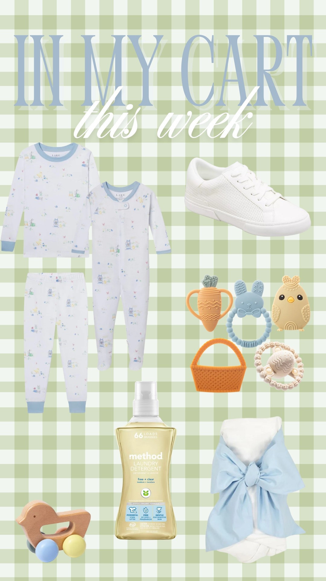 In my cart this week - Lake Easter Pajamas, Easter basket toys for an infant, method laundry detergent, affordable white sneakers, and a Tbbc bow swaddle 

#LTKBaby #LTKFamily #LTKKids