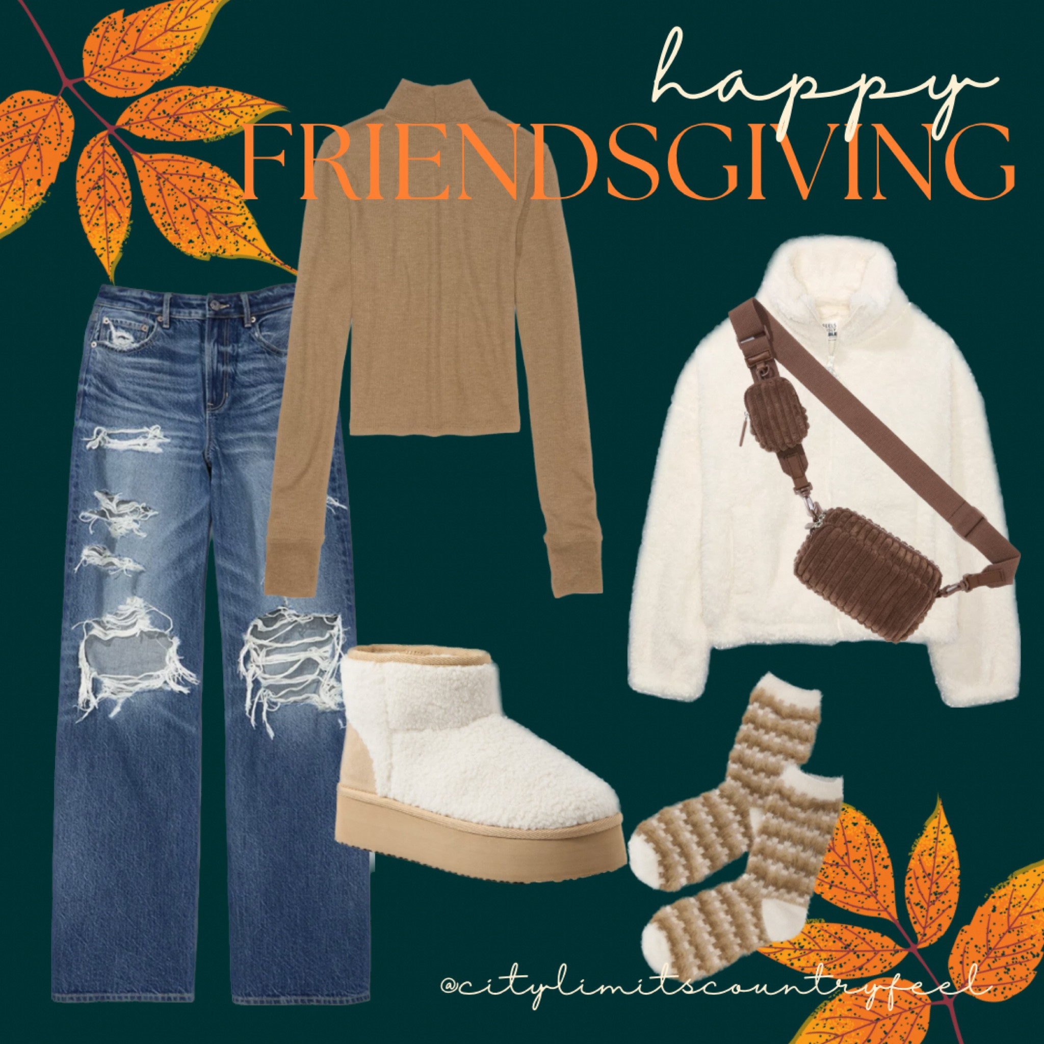 Cozy comfy Friendsgiving (or Thanksgiving!) outfit all from one store. Idea: grab two bags or two socks- one for you and one for your hostess! All you can eat in these super baggy jeans and your friends will love your relaxed yet on trend vibe. Pass the sweet potatoes! #thanksgivingfit #friendsgivingfit #friendsgiving

#LTKstyletip #LTKHoliday #LTKHolidaySale
