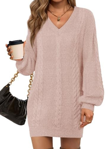 Saodimallsu Womens V Neck Mini Sweater Dress Cable Knit Long Lantern Sleeve Casual Loose Fall Tun... | Amazon (US)