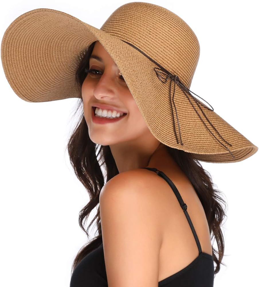 Lanzom Womens Wide Brim Straw Hat Big Floppy Foldable Roll up Cap Beach Sun Hat UPF 50+ | Amazon (US)