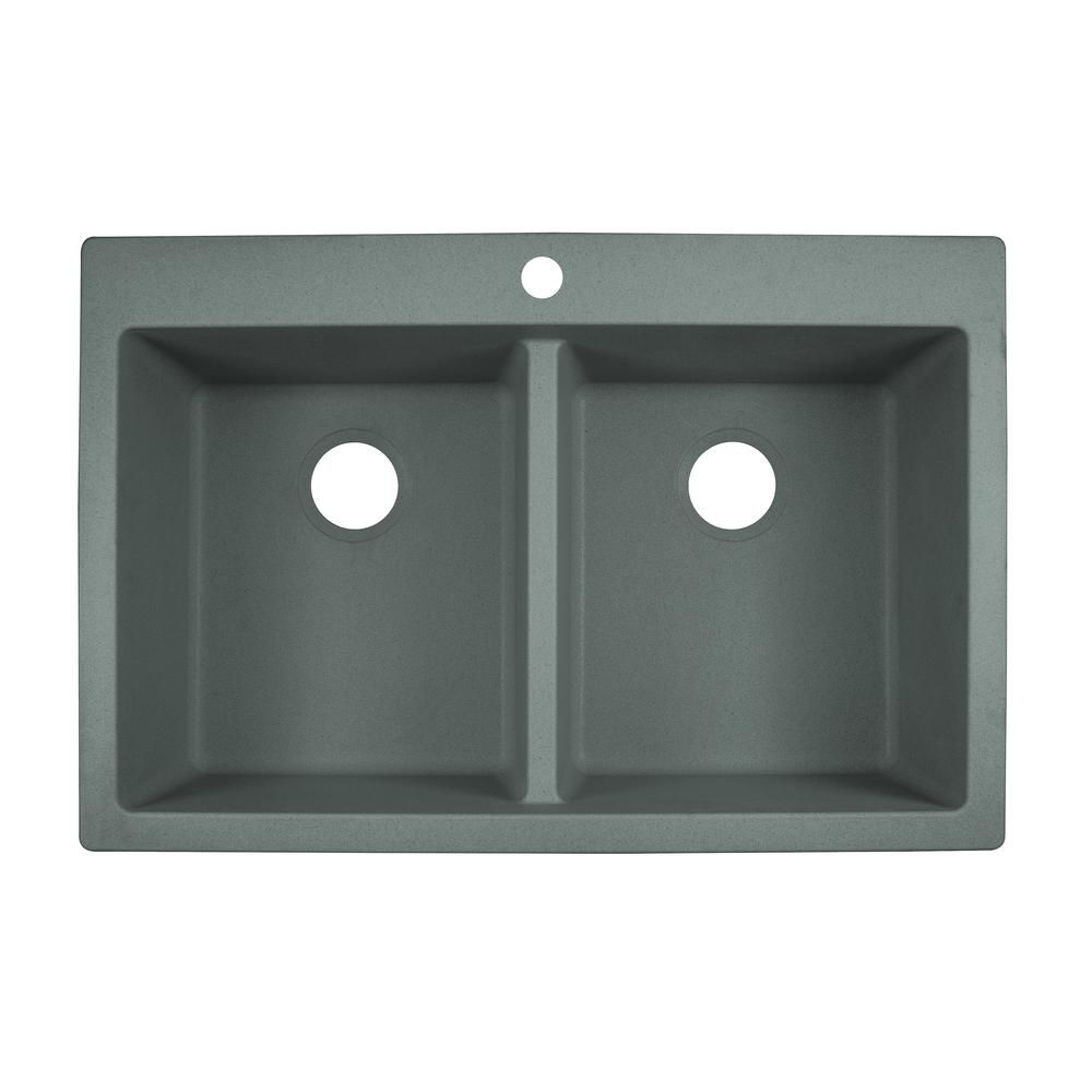 Franke 33 in. 4-Hole Primo Dual Mount Composite Granite Double Bowl Kitchen Sink in Shadow Grey, Sha | The Home Depot