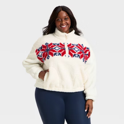 Women's High Pile Fleece 1/2 Zip Pullover Jacket - All In Motion™ Cream/Red 1X | Target