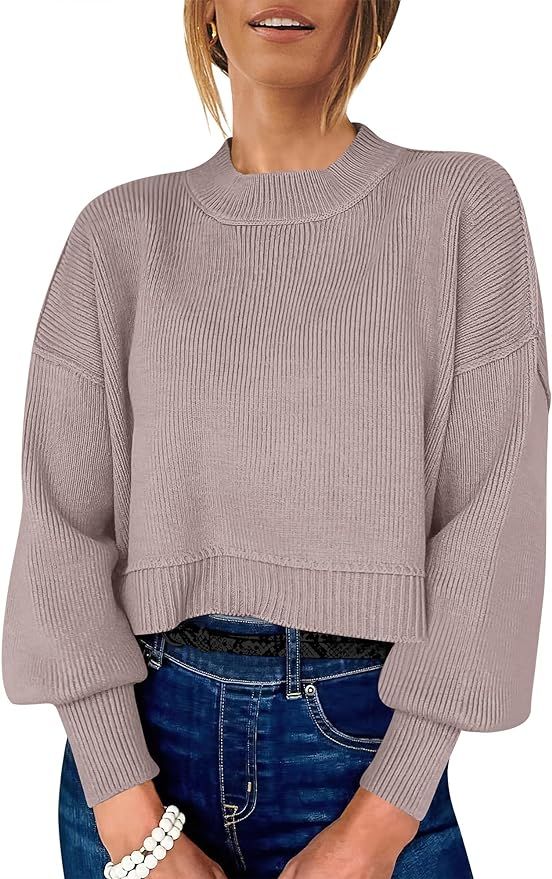 ANRABESS Women Crewneck Cropped Sweater Batwing Sleeve 2023 Fall Oversized Side Slit Ribbed Knit ... | Amazon (US)