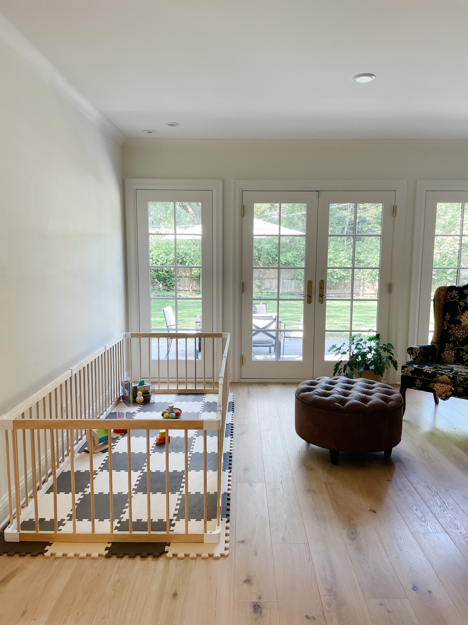 neutral baby playpen, baby room decor, wood playpen, playmat