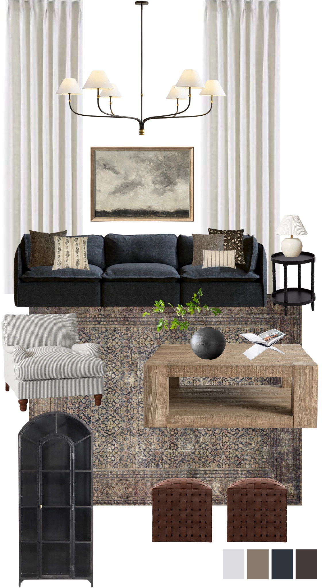 This moody, transitional living room is my dream space! The rich colors, navy blue sofa, and leather pouf ottomans create the ultimate cozy vibe. Perfect place to unwind 😴

Moody home decor, mood board, living room design, modern home decor, transitional style loving room, navy sofa, moody rug