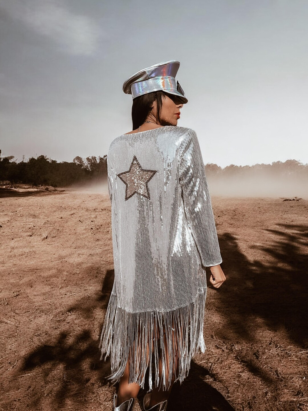 Silver Sequin Fringe Kimono: Star Patch Rave Festival Duster - Etsy | Etsy (US)