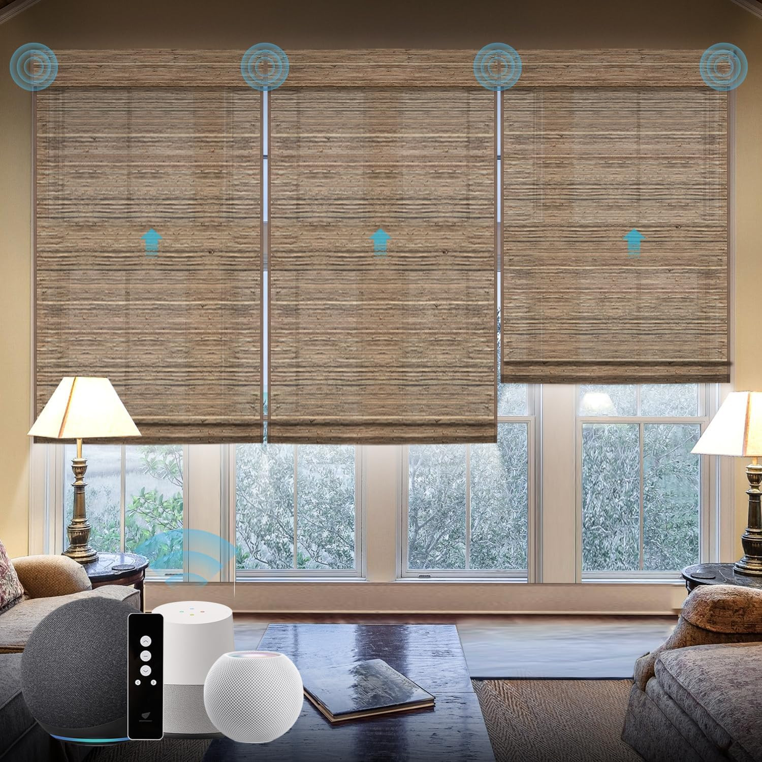 SmartWings Motorized Smart Shades Work with HomeKit, Natural Woven Wood Blind, Half Light Filtering  | Amazon (US)