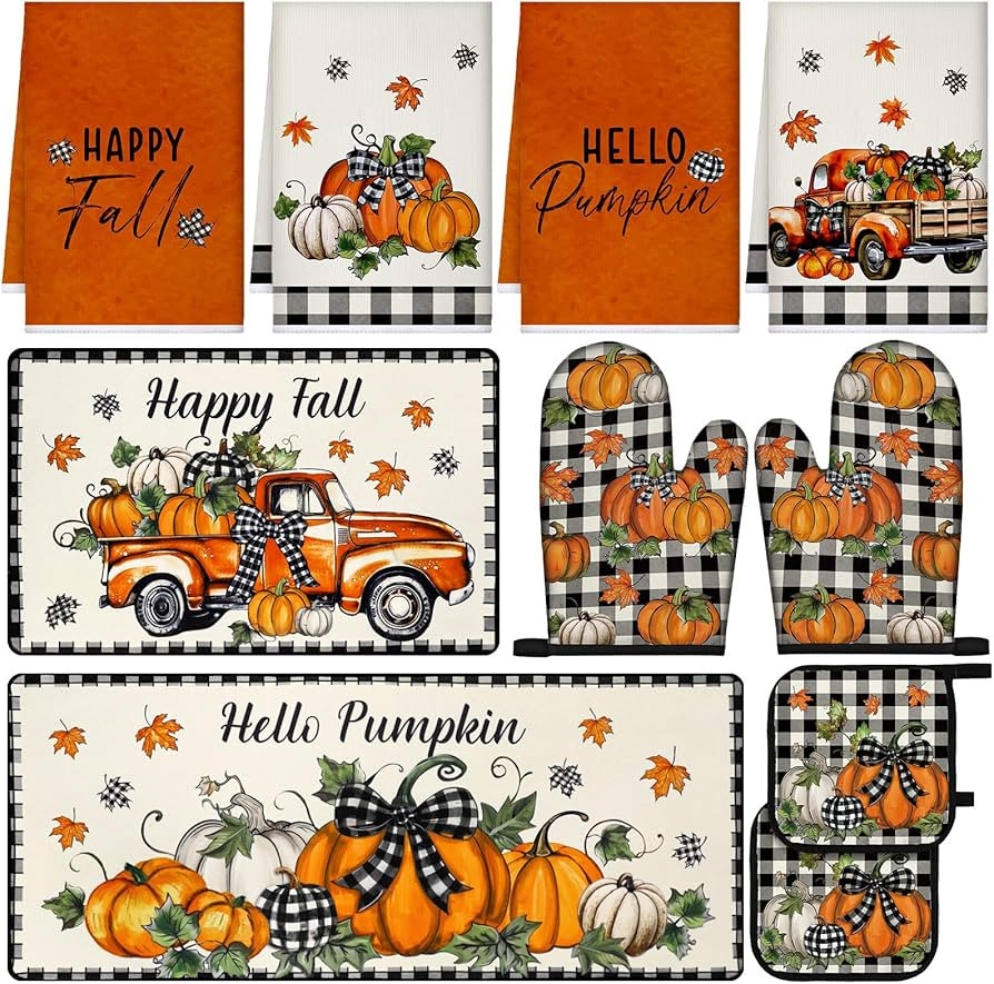 10 Pcs Fall Pumpkin Oven Mitts Pot Holders Floor Mat and Kitchen Towel Sets Thanksgiving Absorben... | Amazon (US)