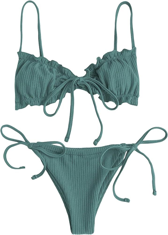GORGLITTER Women's High Cut Swimsuit Triangle Tops Tie Side Thong Bikini Set Frill Bathing Suit | Amazon (US)