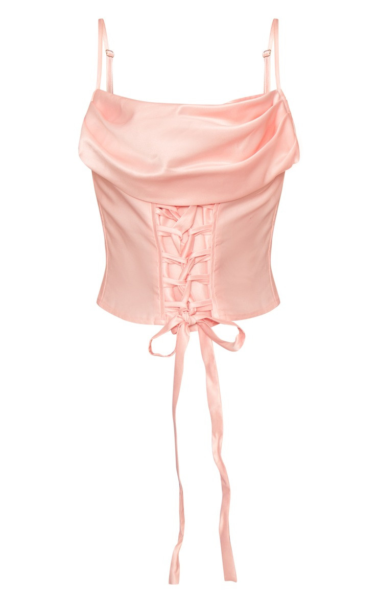 Blush Satin Draped Bust Lace Up Top | Tops | PrettyLittleThing US