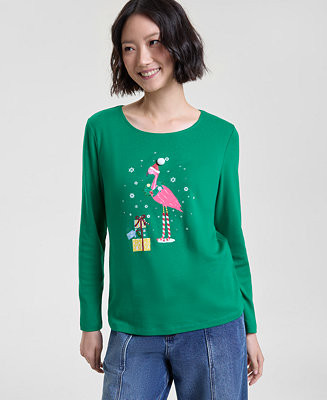 Holiday Lane Women's Holiday Flamingo Long-Sleeve Top, Macy's Exclusive - Macy's | Macy's