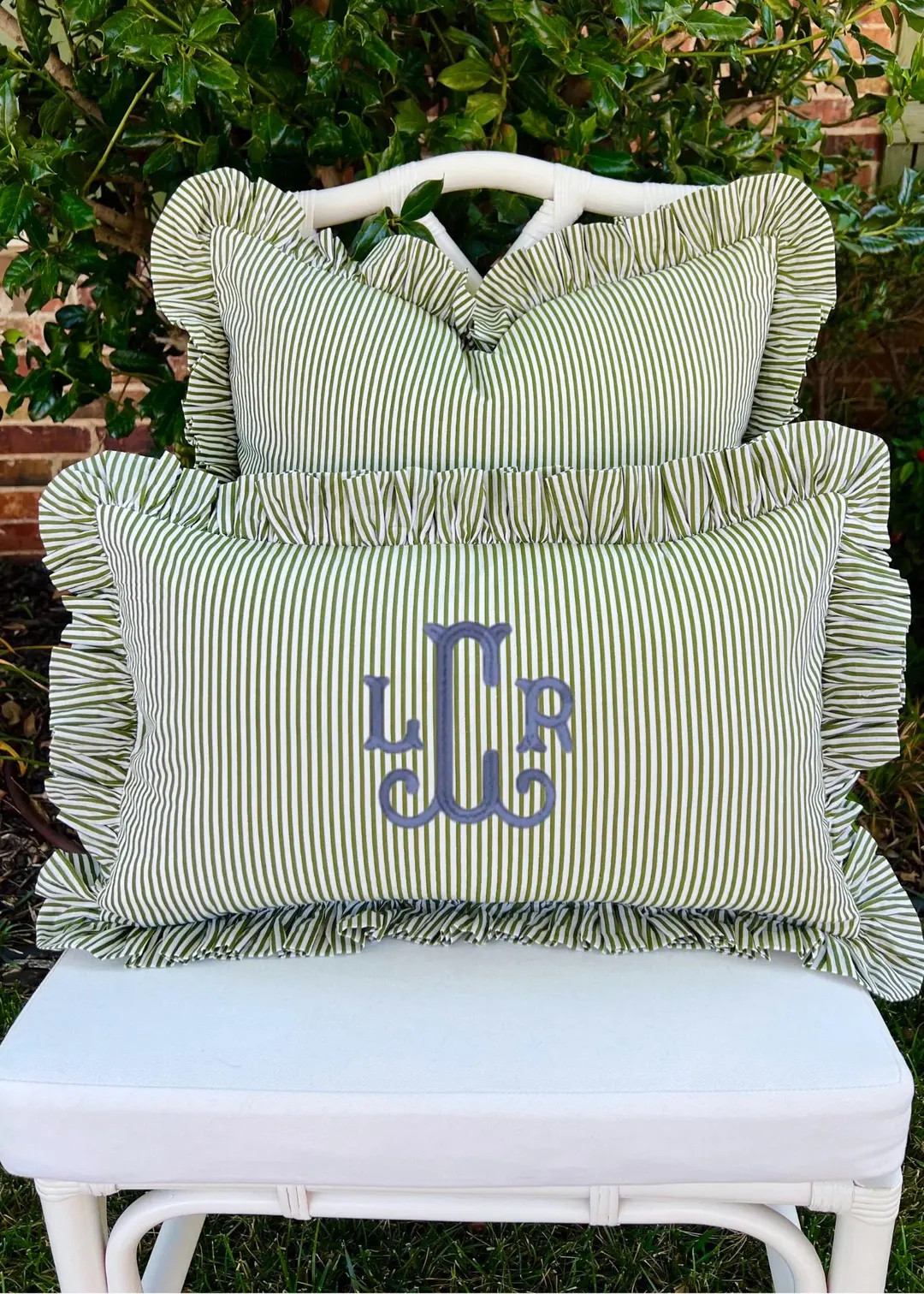Green and off White Striped Pillow Cover With Ruffle Trim - Etsy | Etsy (US)