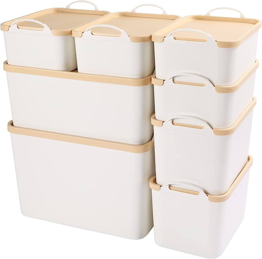 ANMINY 8PCS All-in-One Lidded Plastic Storage Bins Set White Desk Basket Box Drawer Organizer Kit... | Amazon (US)