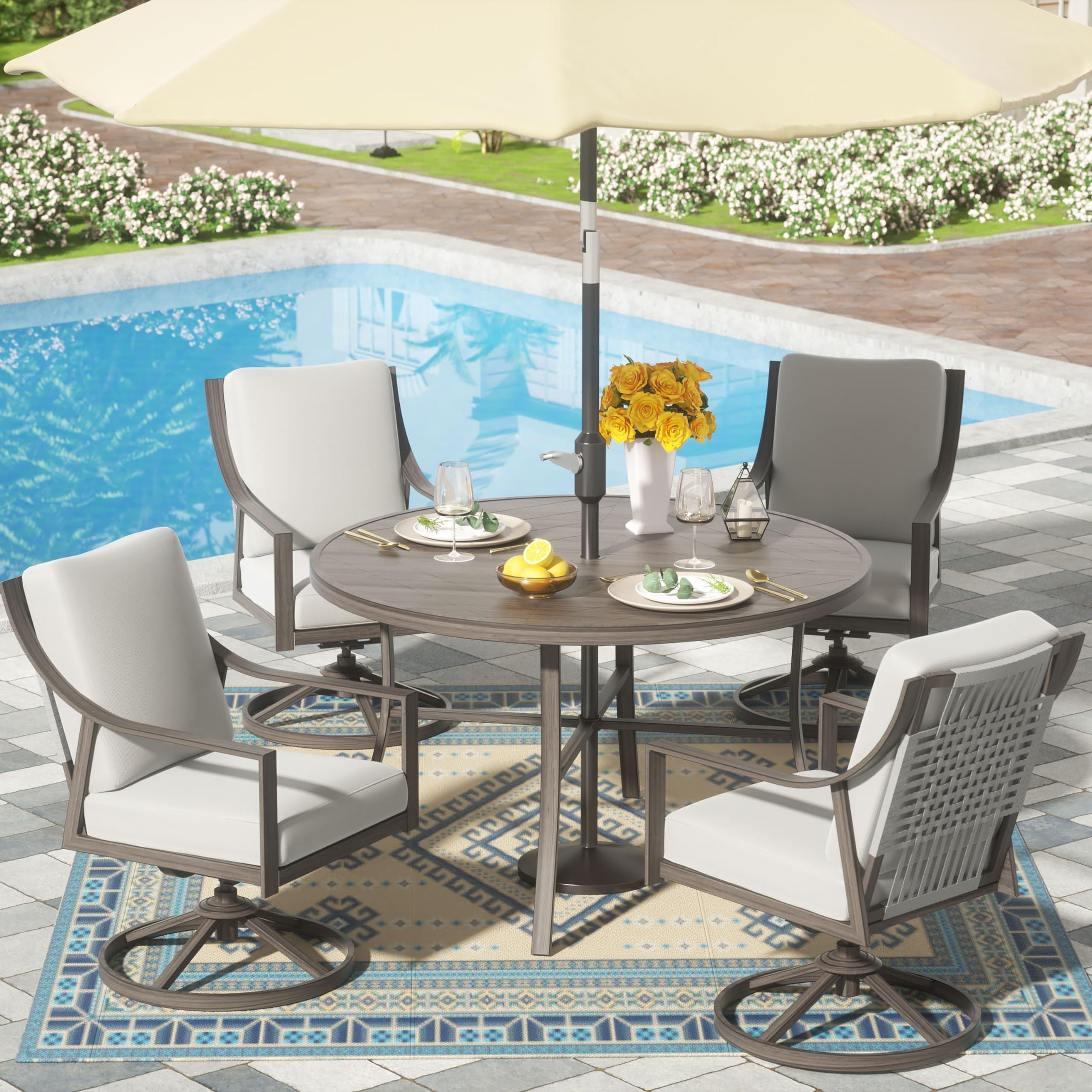 NATURAL EXPRESSIONS 5-Piece Outdoor Patio Dining Set, 4pcs Patio Swivel Rocking Chairs and 48’’ Round Dining Table with 1.65’’ Umbrella Hole | Amazon (US)