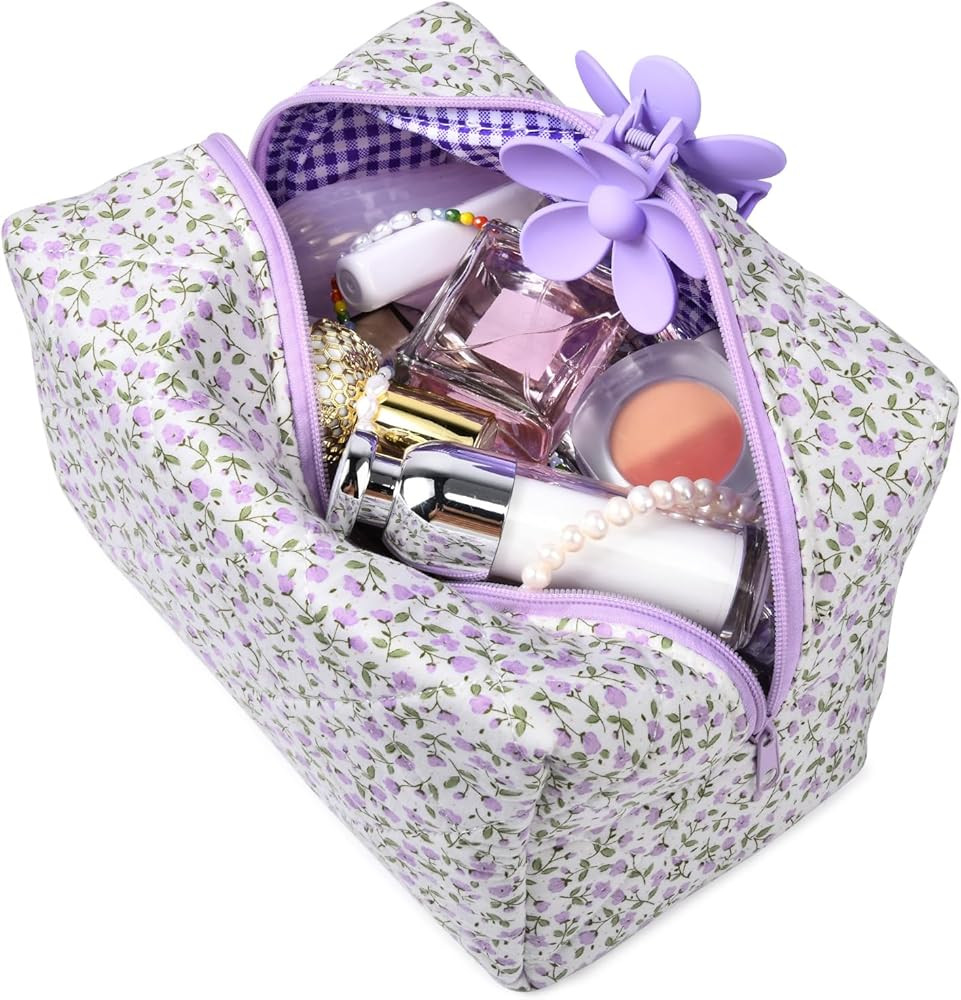 Floral Makeup Bag Quilted Cosmetic Bag Puffy Coquette Makeup Pouch Aesthetic Large Travel Toiletr... | Amazon (US)