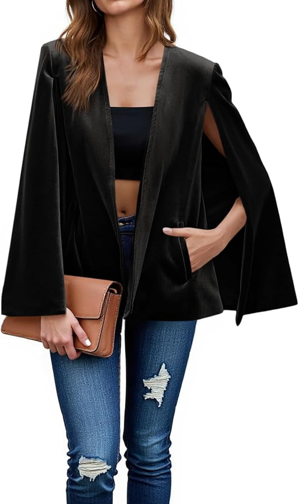 Cicy Bell Women's Velvet Cape Blazer Jackets Casual Split Long Sleeve Open Front Coat | Amazon (US)