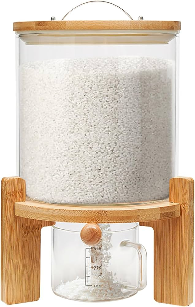 Glass Rice Dispenser, Rice Dispenser Countertop with Airtight Lid, Wooden Stand and Measuring Cup... | Amazon (US)