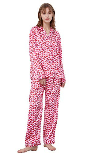 TONY AND CANDICE Women's Classic Satin Pajama Set Sleepwear Loungewear (Pink Hearts, Large) | Amazon (US)