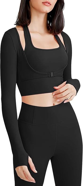 GIVNUAN Yoga Shirts Cutout Padded Crop Tops Long Sleeve Gym T-Shirt for Women Workout | Amazon (US)